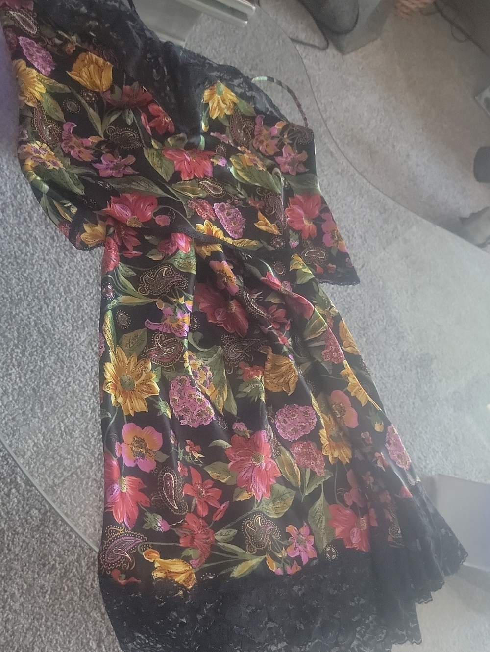 Vanity Fair Black Camisole& Half Slip with Pink, Yellow & Green Floral Print